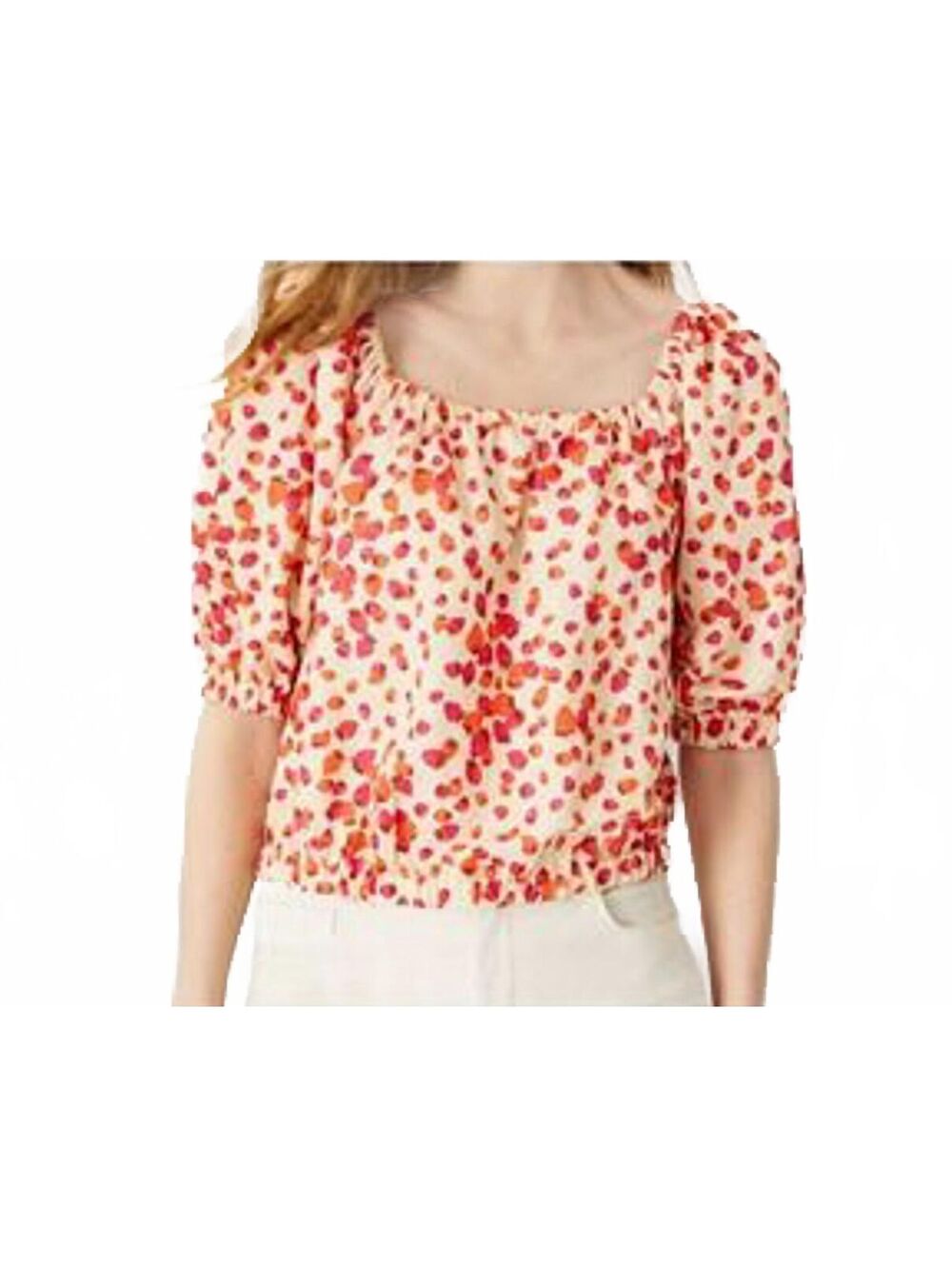 Ann Taylor Strawberry Print Puff Sleeve Off the Shoulder Top Cream Pink Large